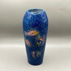 Hand Carved Heavy Blue Soapstone Vase With Colorful Fish Kenya Africa 8”